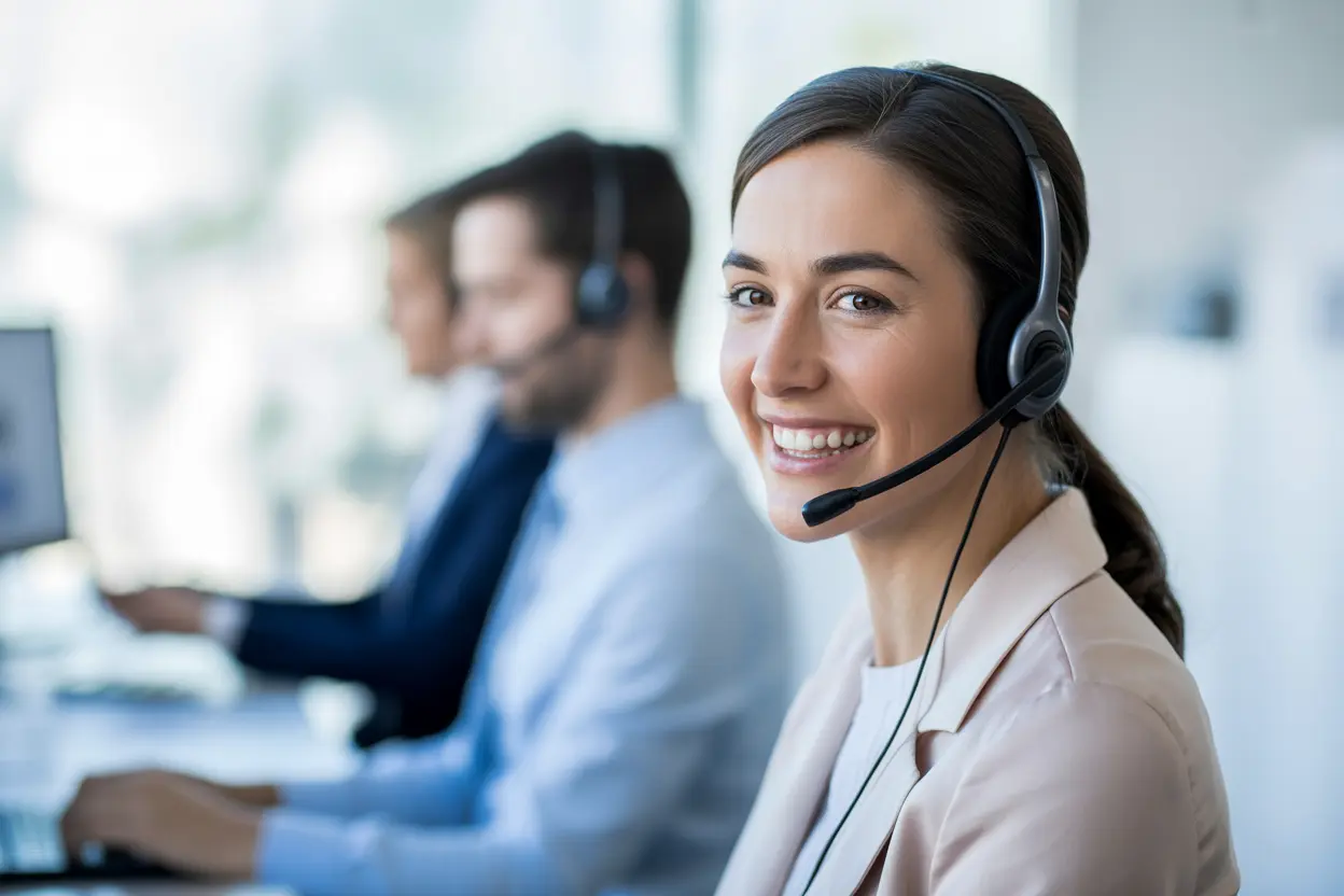A friendly support person with a headset smiles, ready to help someone calling an addiction support helpline.