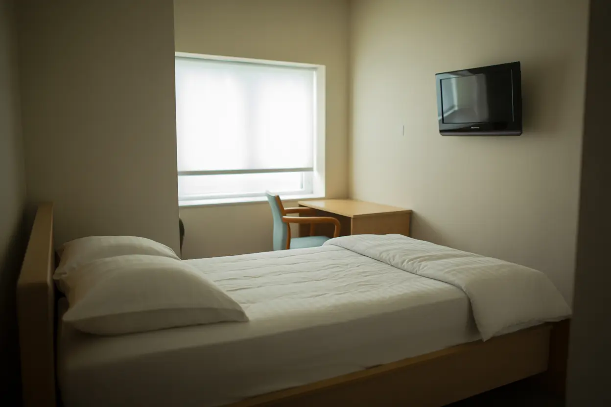 A quiet, private bedroom in a rehab facility with a neatly made bed and a wall-mounted TV, creating a peaceful environment for recovery.