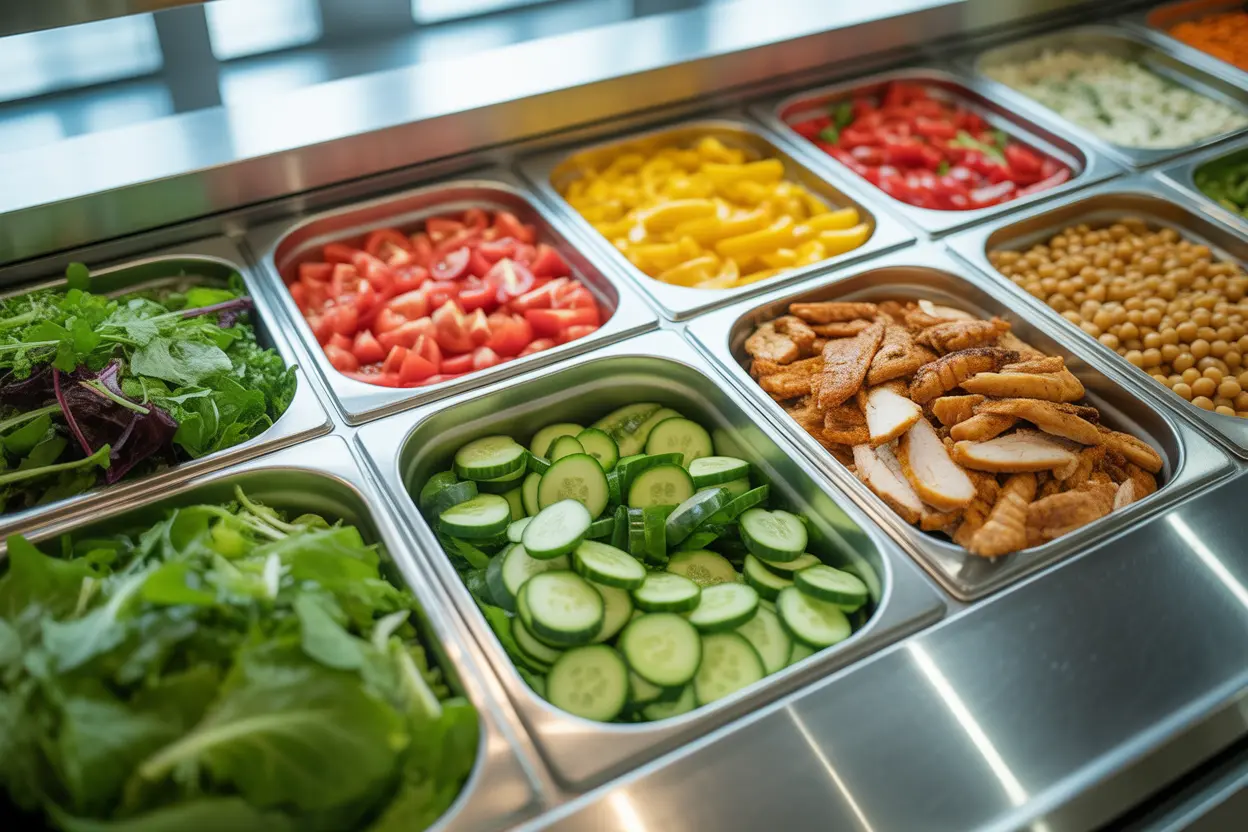 A fresh and colorful salad bar with various healthy toppings in a cafeteria.