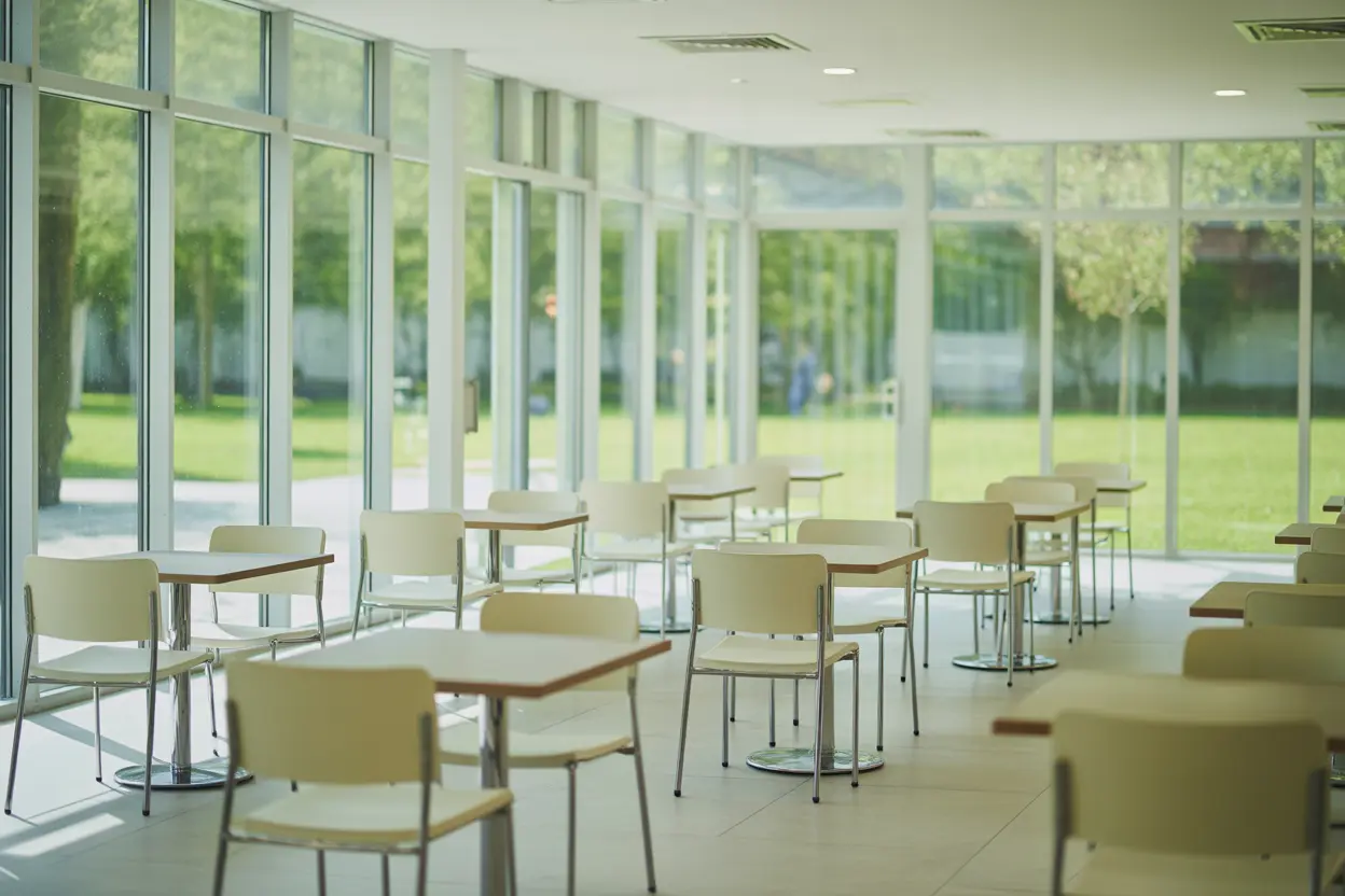 A bright and clean cafeteria in a rehabilitation center with empty tables and large windows.