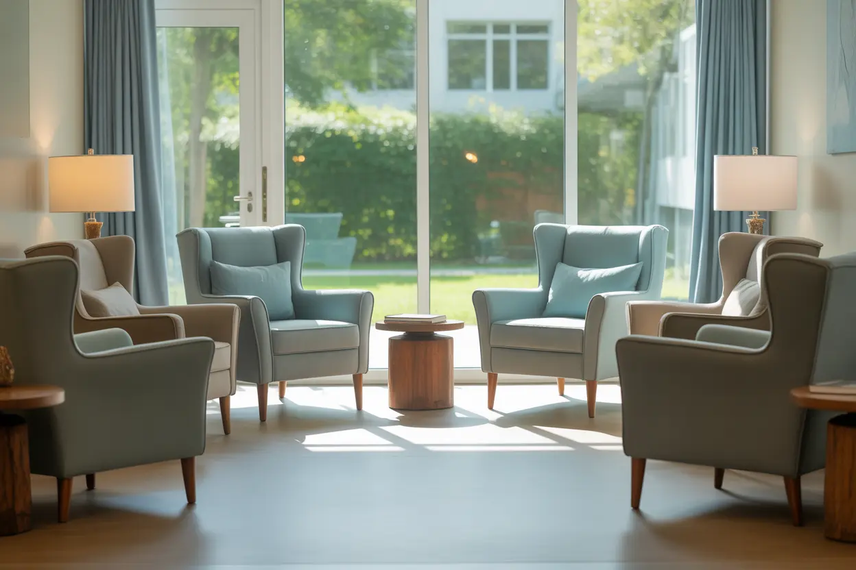 A calm and welcoming therapy room in a rehab facility, suggesting a safe space for recovery.