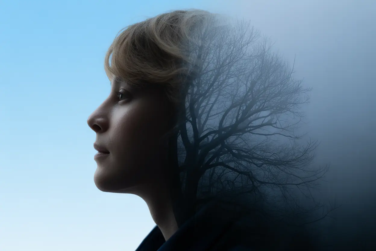 A person's profile transitioning from a foggy forest, representing addiction, to a clear blue sky, symbolizing recovery.