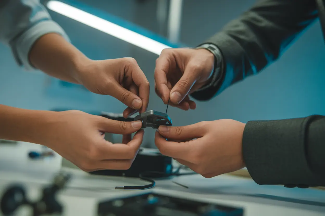 Two people's hands working together on a technical task, showing mentorship and learning.