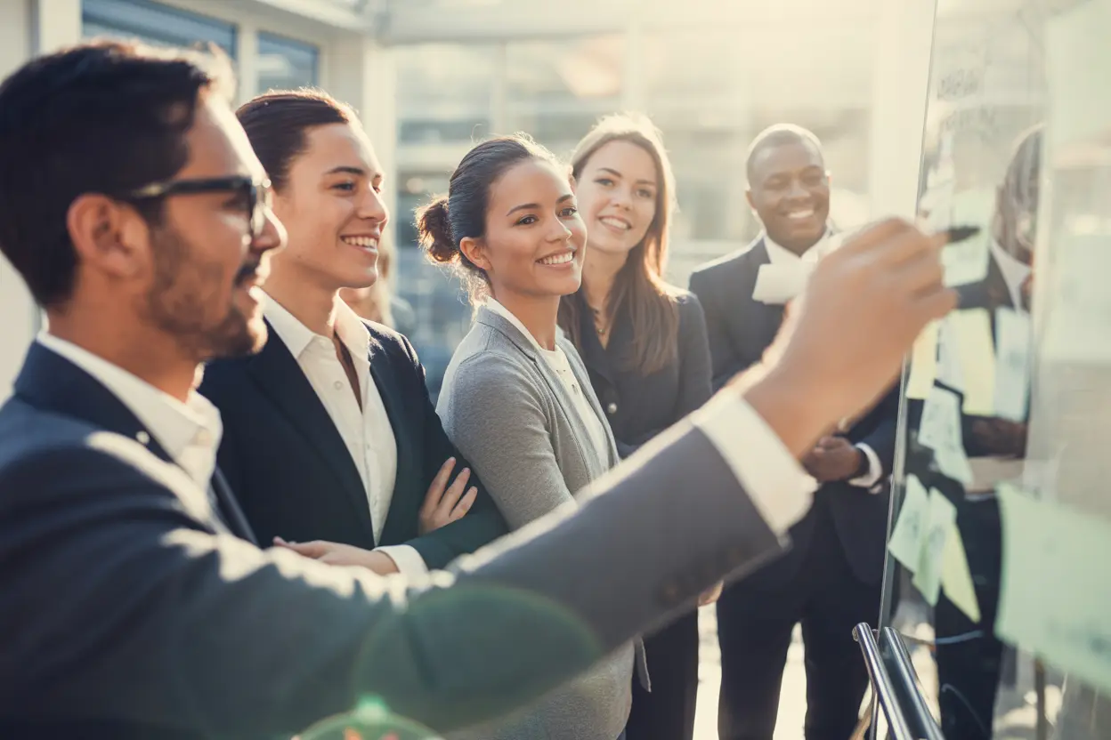A diverse group of professionals working together in a bright office, planning their career path.