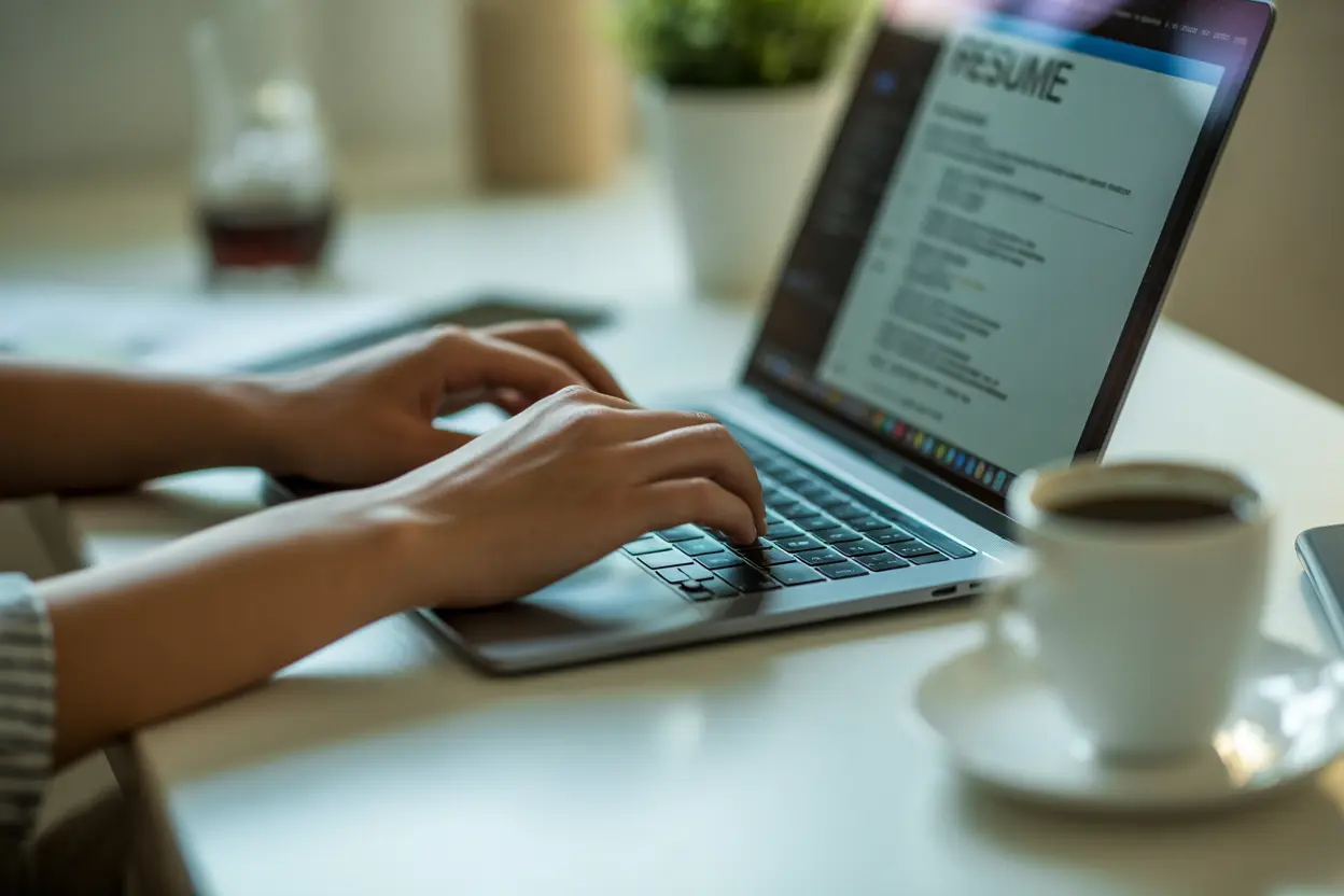 A person updating their resume on a laptop in a neat home office.