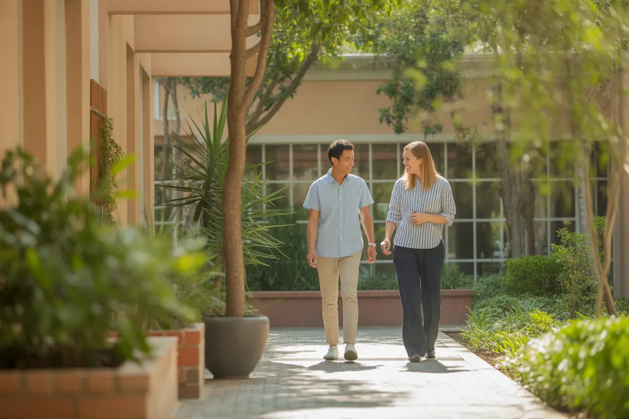 A staff member and resident walking and talking in a peaceful garden at a treatment facility, representing a safe recovery environment.