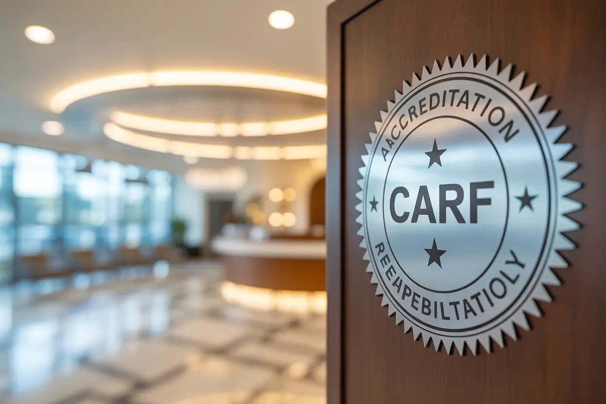 A CARF accreditation seal displayed in the lobby of a rehab facility, signifying trust and quality.