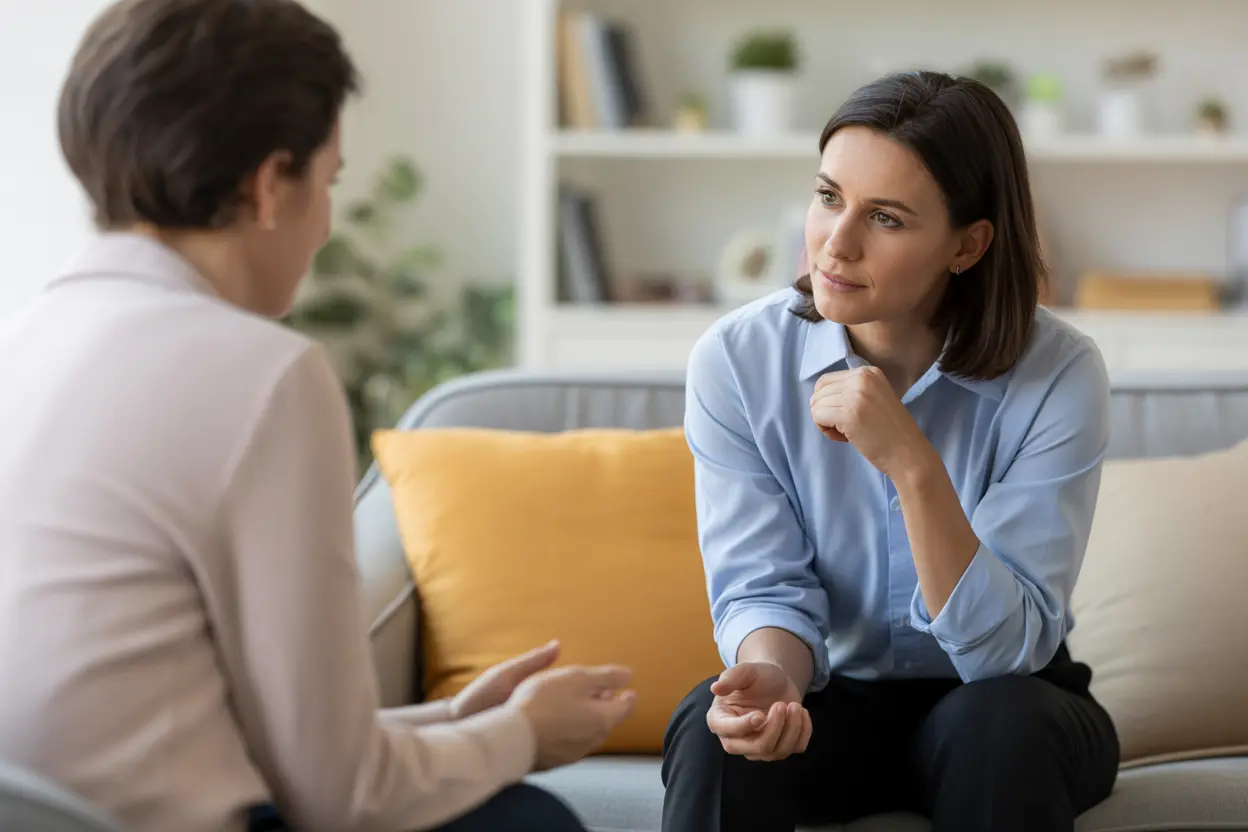 A supportive therapist in a bright office in Indiana listens with empathy to a person during a counseling session.
