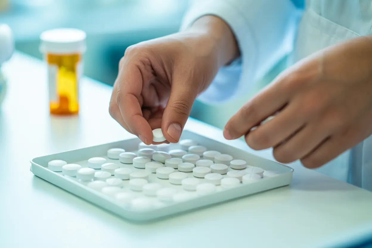 A pharmacist's hands counting white Soma pills on a tray, with a prescription bottle in the background.