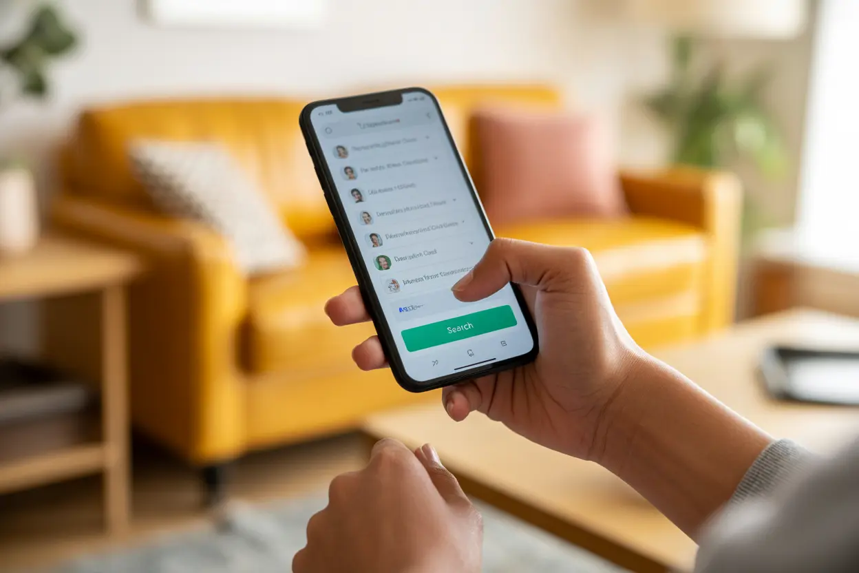 A person's hand holds a smartphone, ready to search a rehab directory website.