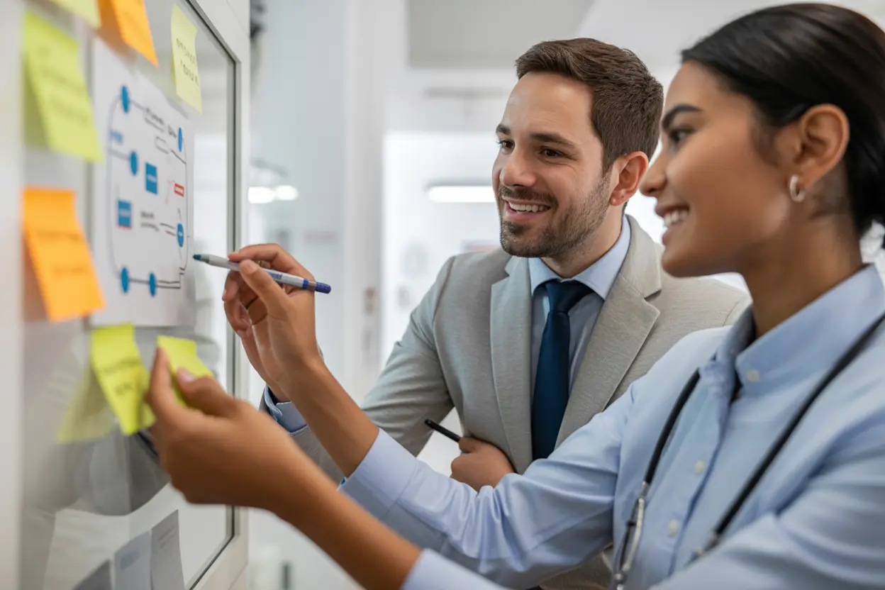 Two diverse healthcare professionals collaborating in a bright office, working on a recovery plan.