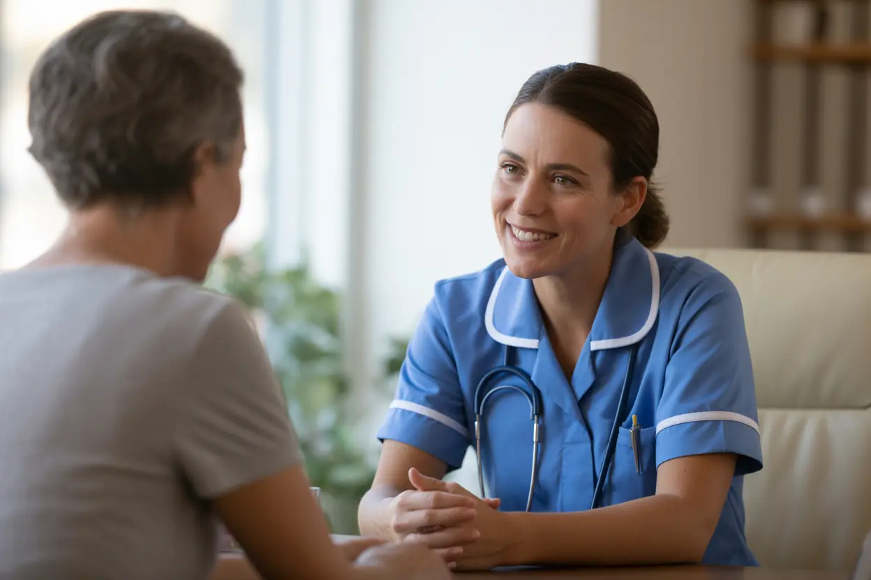 A compassionate nurse case manager listens attentively to a client in a bright, welcoming office.