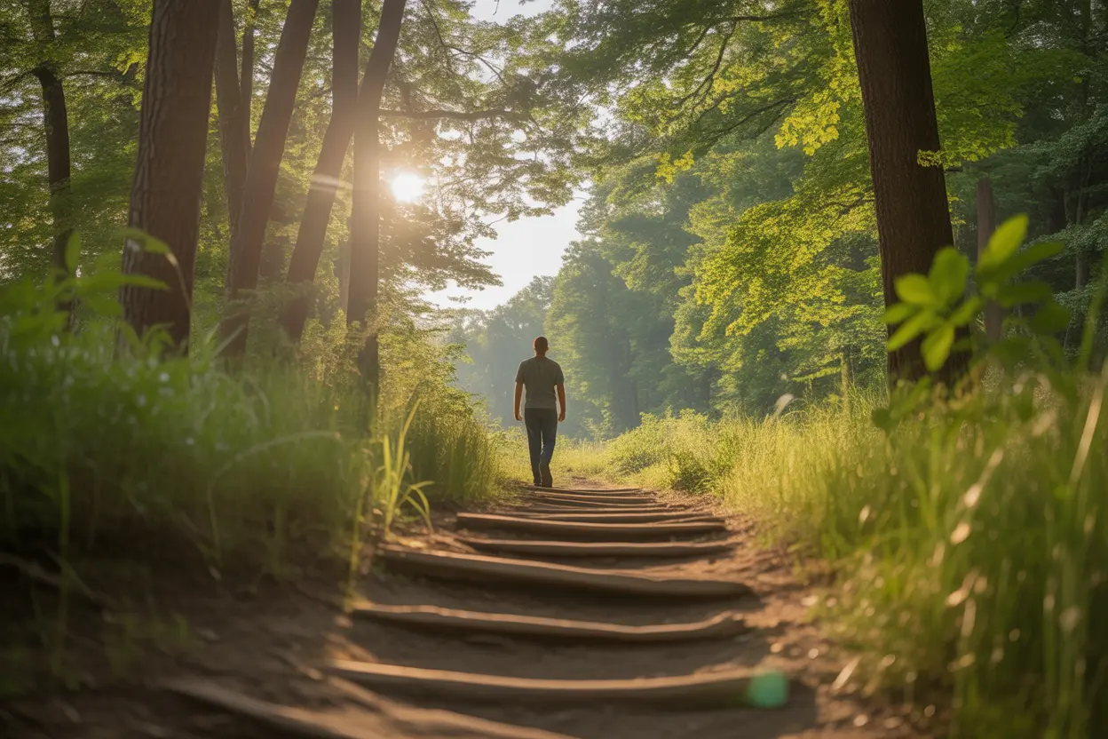 A person on a hiking trail in Indiana, symbolizing the journey of recovery and progress.
