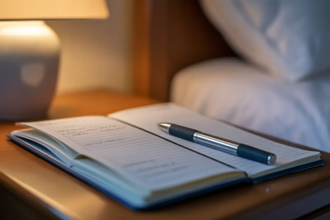 A sleep diary and pen rest on a bedside table, illuminated by soft morning light, symbolizing progress in managing sleep.