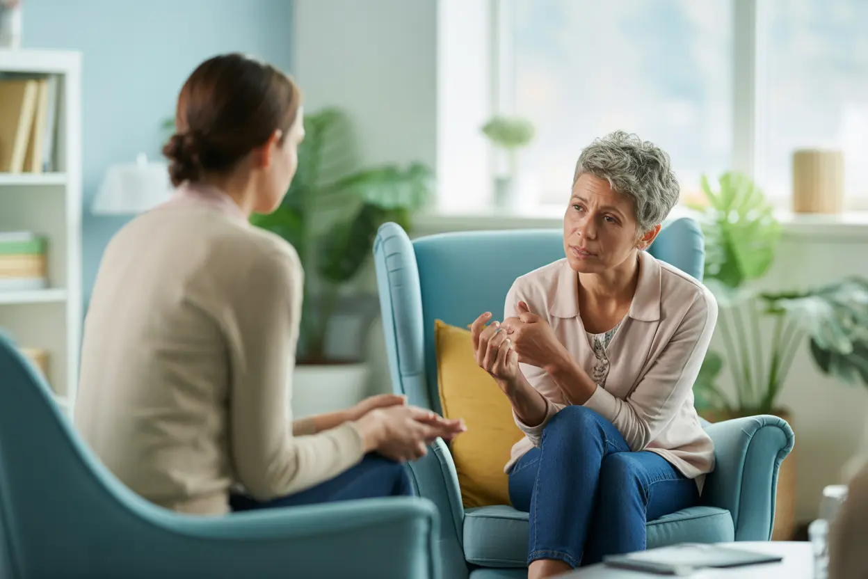 An empathetic therapist listens to a client in a bright, comfortable therapy room, discussing treatment options.