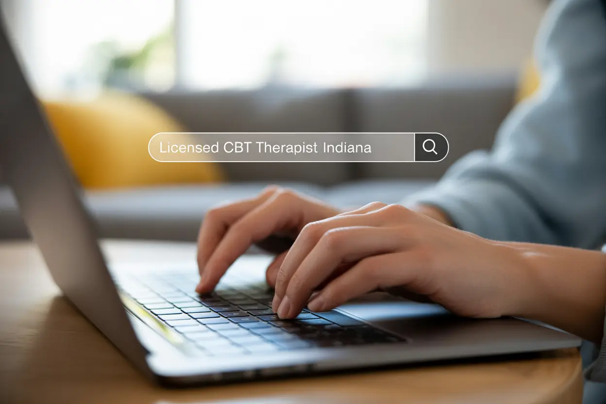 A person typing 'licensed CBT therapist Indiana' into a search bar on a laptop.