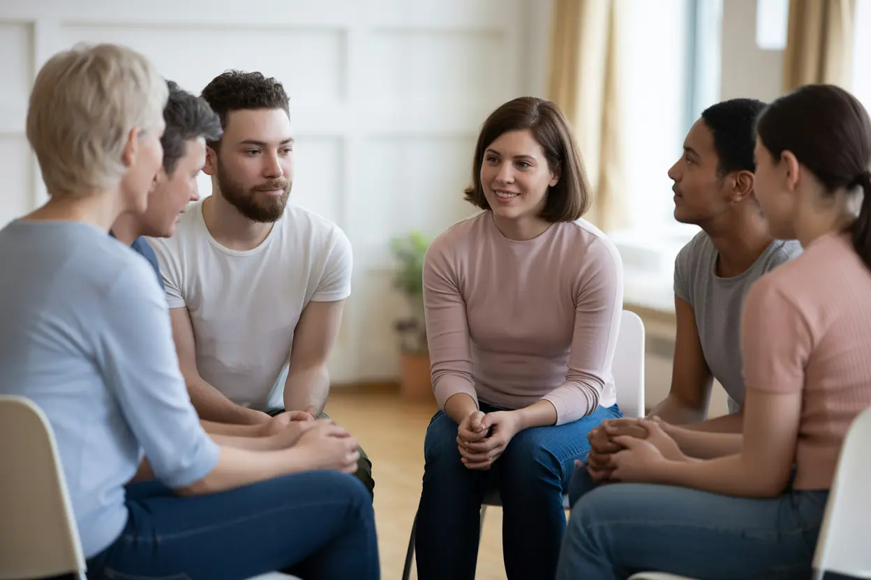 A diverse group of people in a supportive group therapy session, listening with empathy.