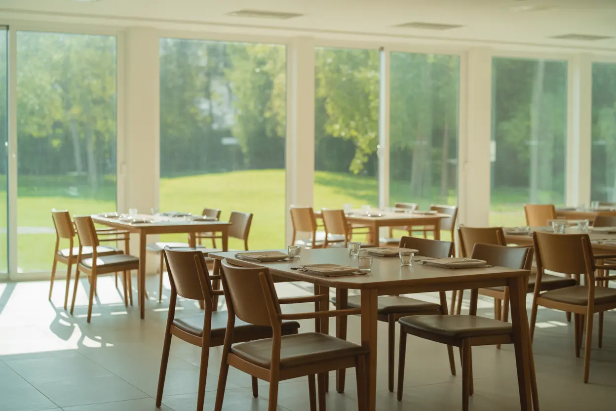 A bright and peaceful dining area in a rehab facility in Indiana, ready for a meal.