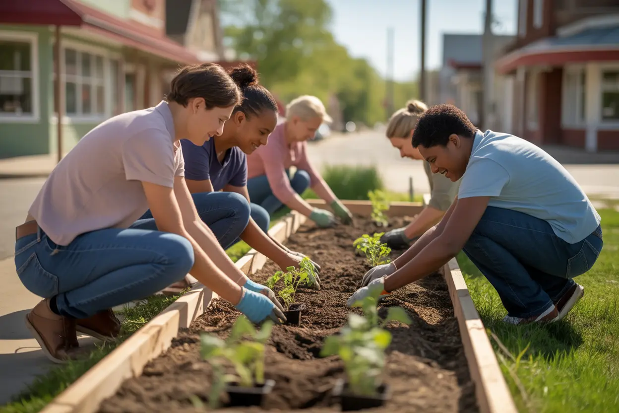 A diverse group of people collaborate in a sunny Indiana community garden, symbolizing growth and support.