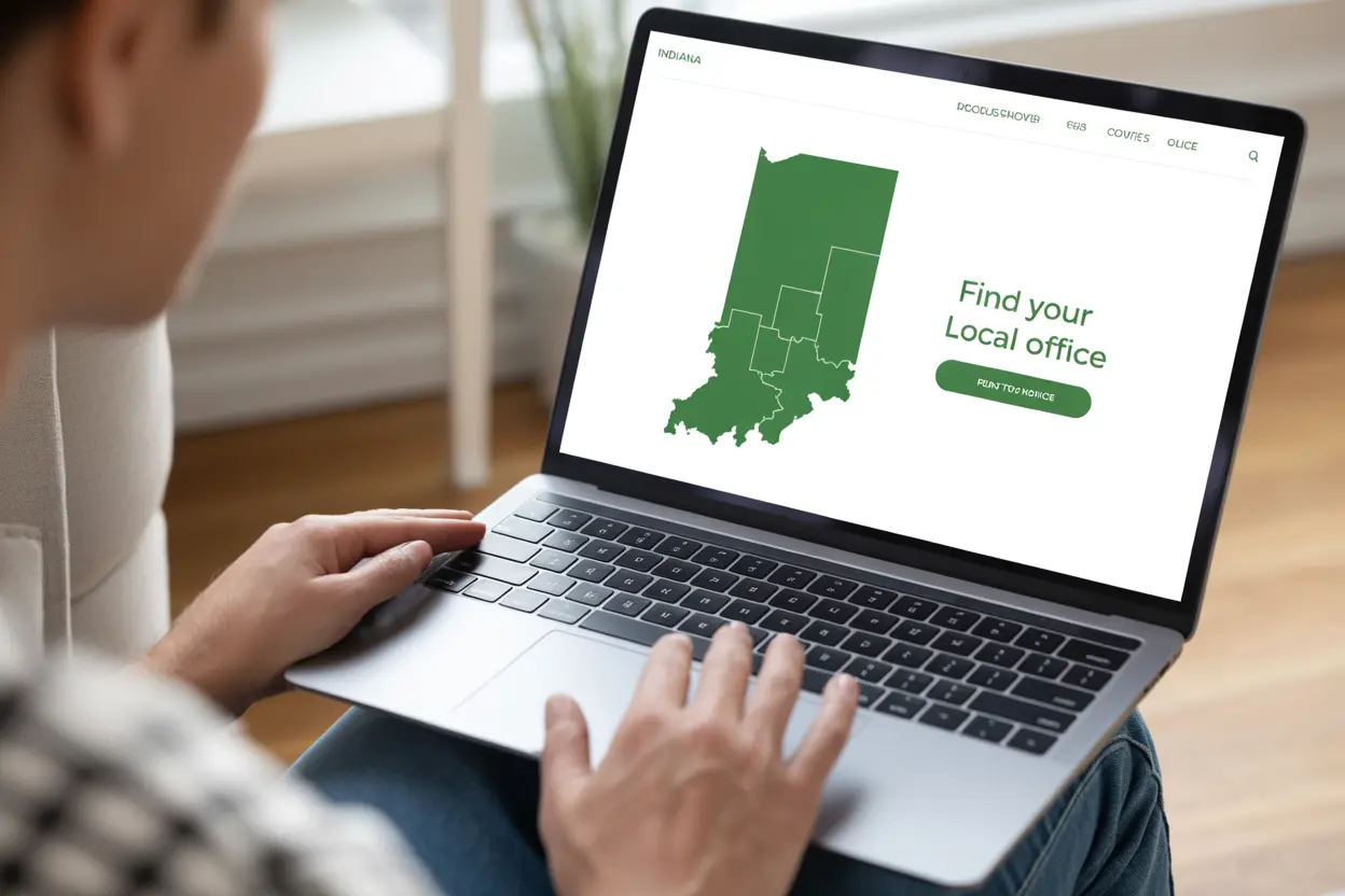 A person uses a laptop to find their local child welfare office on a map of Indiana, showing how easy it is to access help.