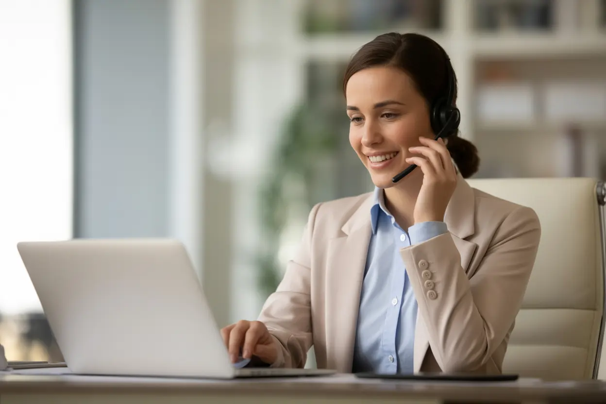 A compassionate admissions specialist talking on the phone to help a parent find treatment.