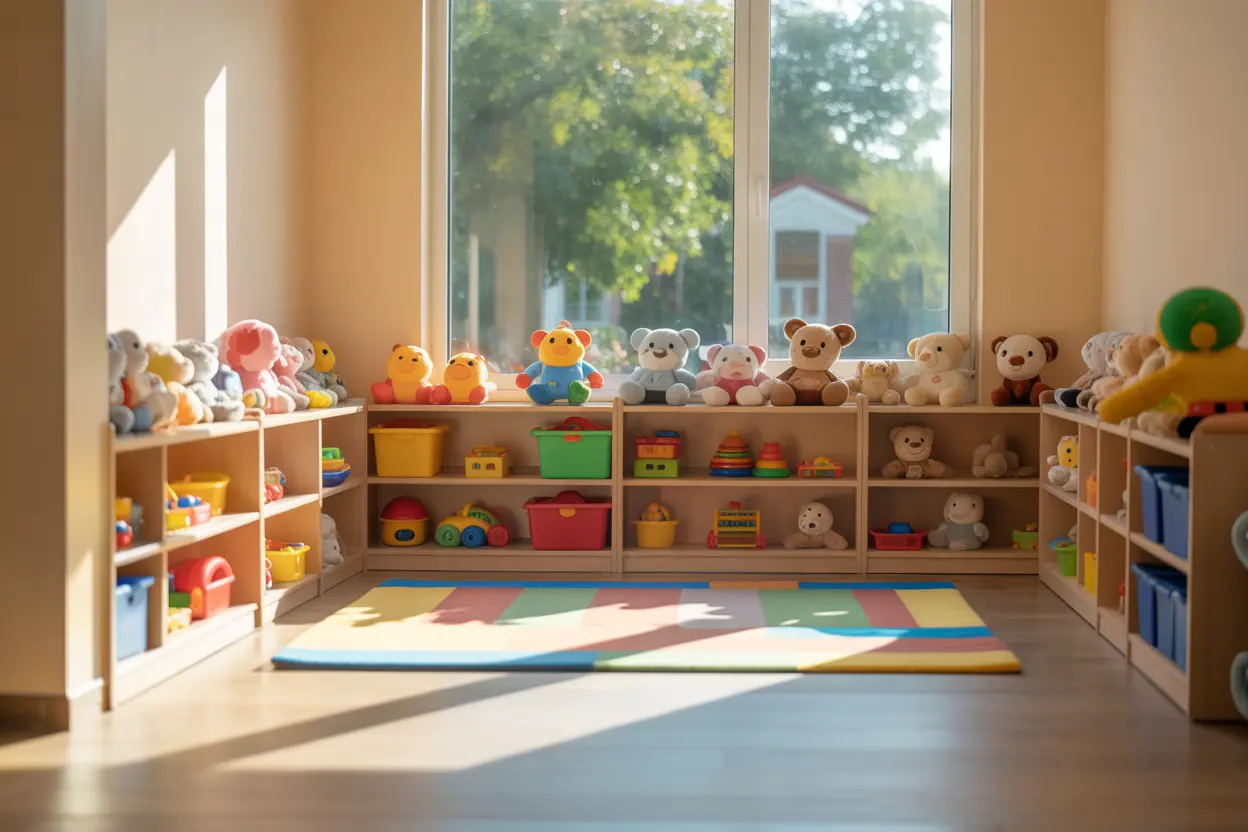 A bright and welcoming playroom for children at a rehab facility, with toys and natural light.