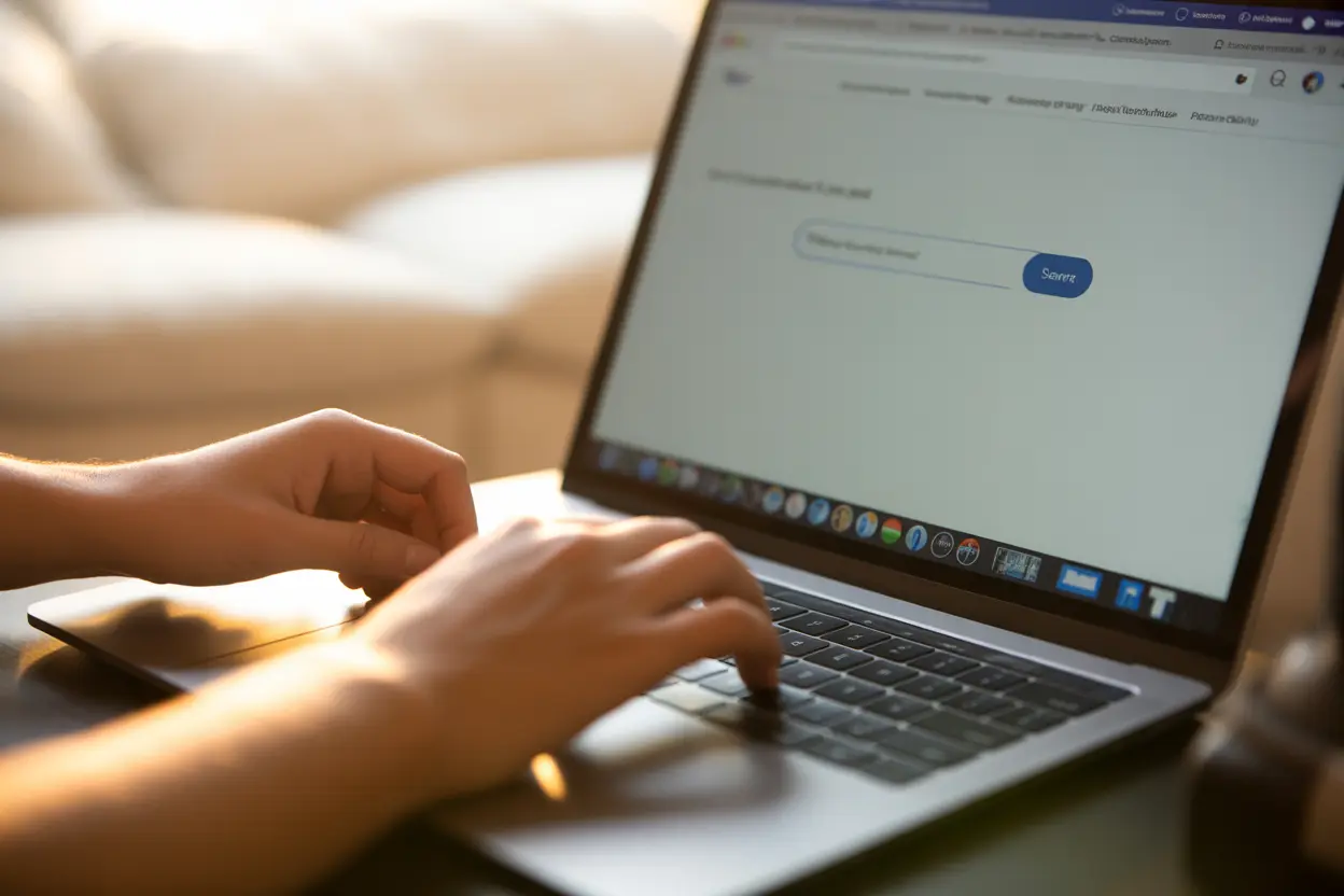 A person's hands typing on a laptop, searching a directory for a therapist, symbolizing the act of seeking help.