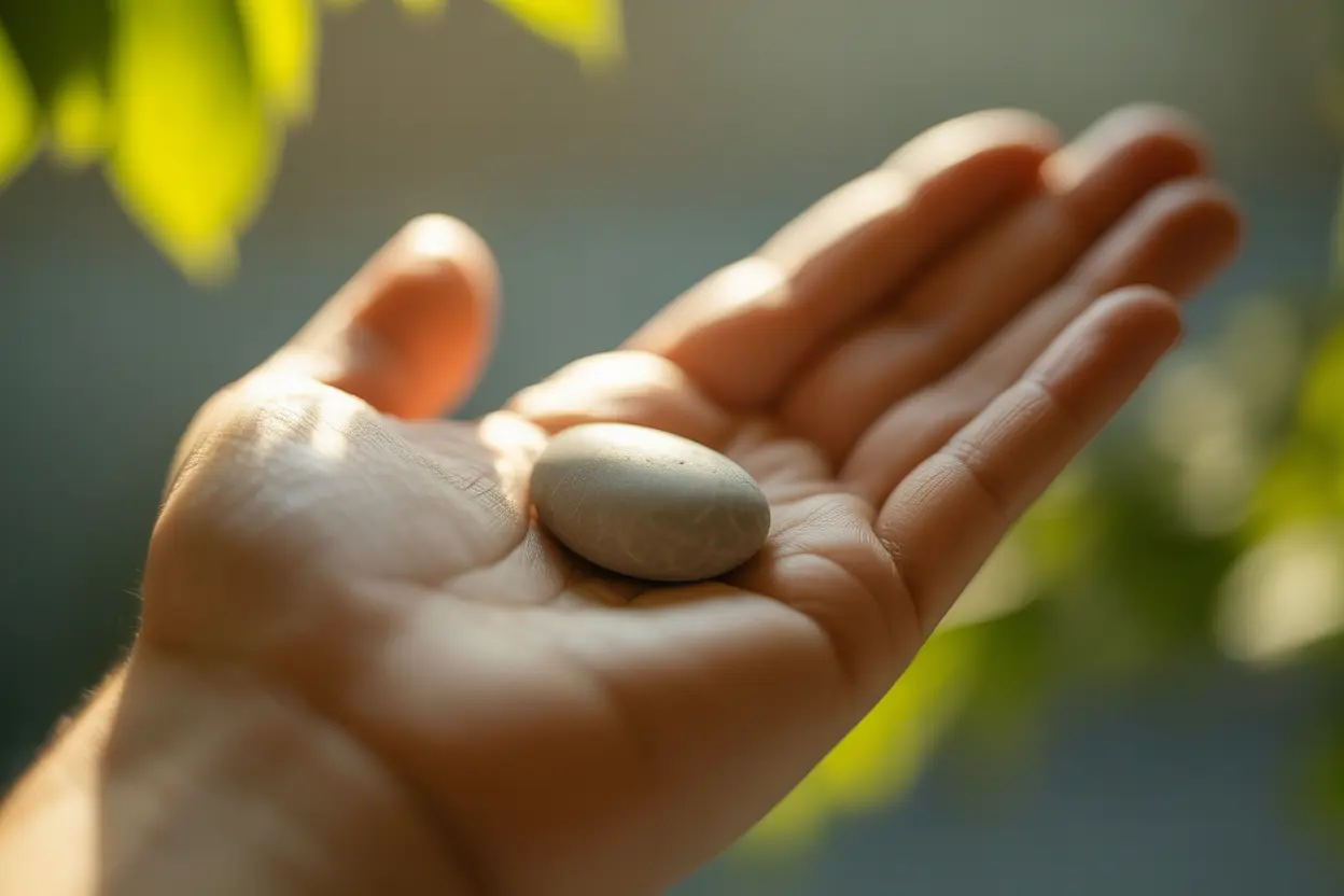 A close-up of a hand holding a smooth stone, representing safety and resilience.