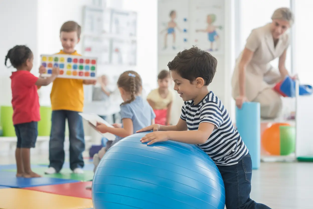 Children engaged in various therapeutic activities in a bright, welcoming clinic.