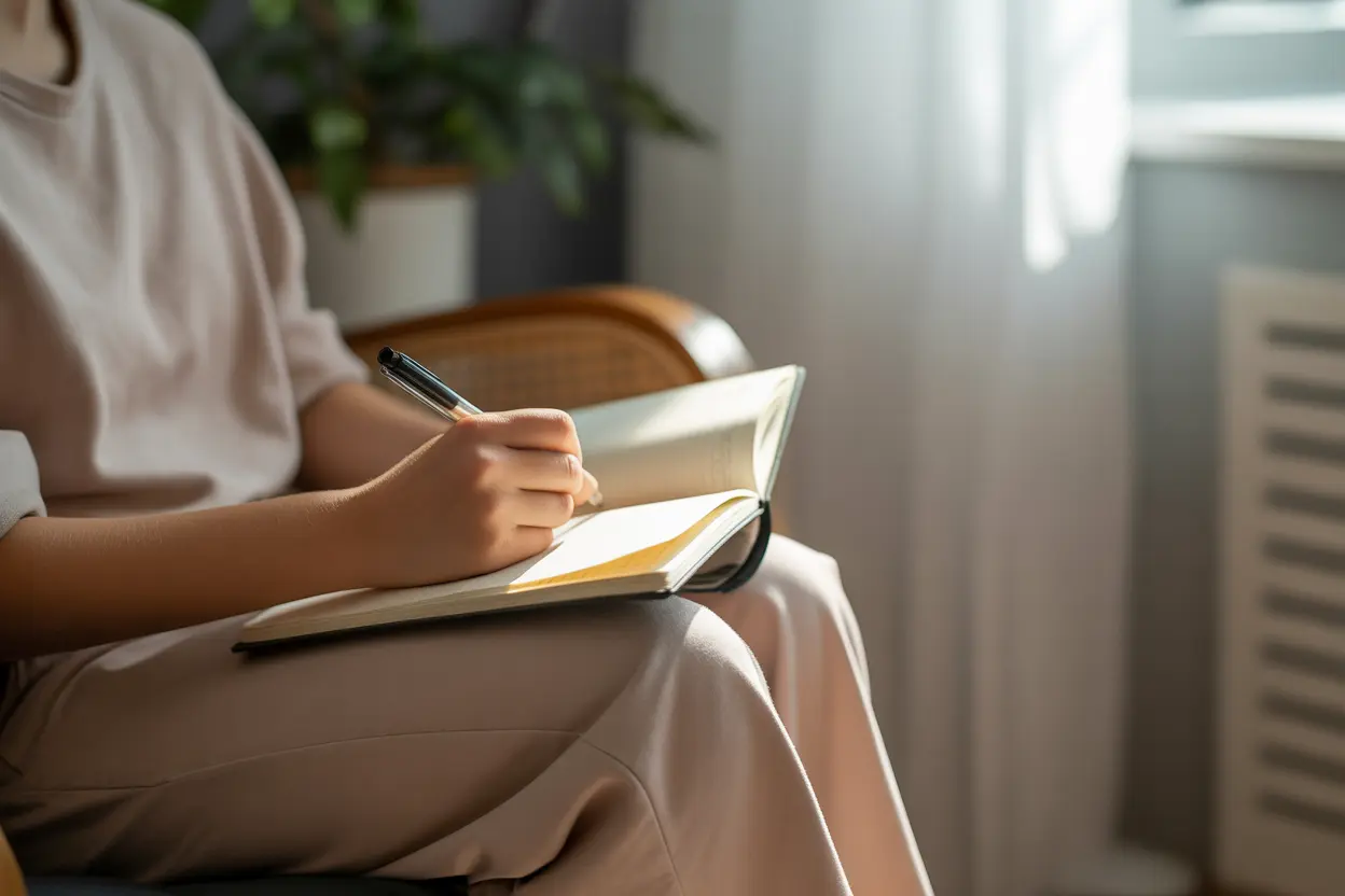A person sitting calmly and writing in a journal, symbolizing relapse prevention planning.