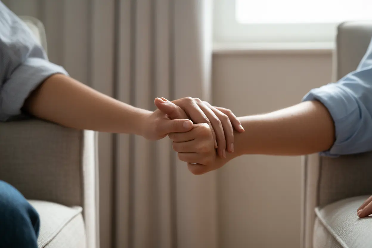 Two hands clasped in a gesture of support and understanding.