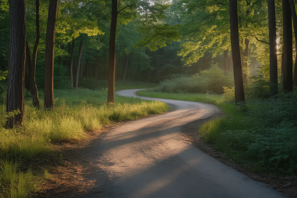 A winding, unpaved path through a serene Indiana forest, symbolizing the non-linear journey of recovery.