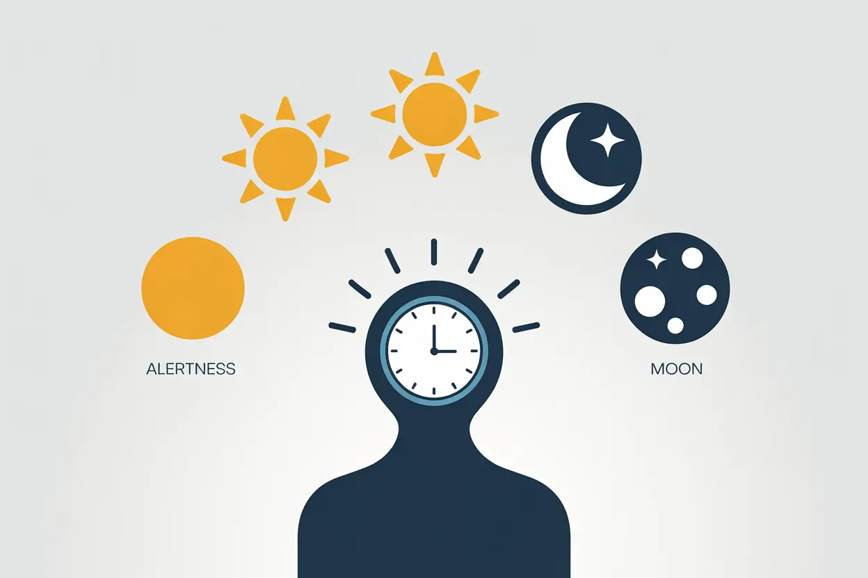 An infographic showing the cycle of a day and night, with a sun icon for daytime alertness and a moon icon for nighttime sleepiness. A silhouette of a person in the center has a glowing clock over their head, representing the internal body clock.