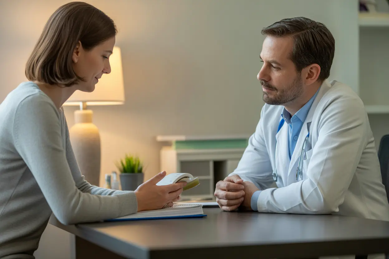A healthcare provider and a patient having a supportive conversation in a calm office setting, reviewing a sleep log together.