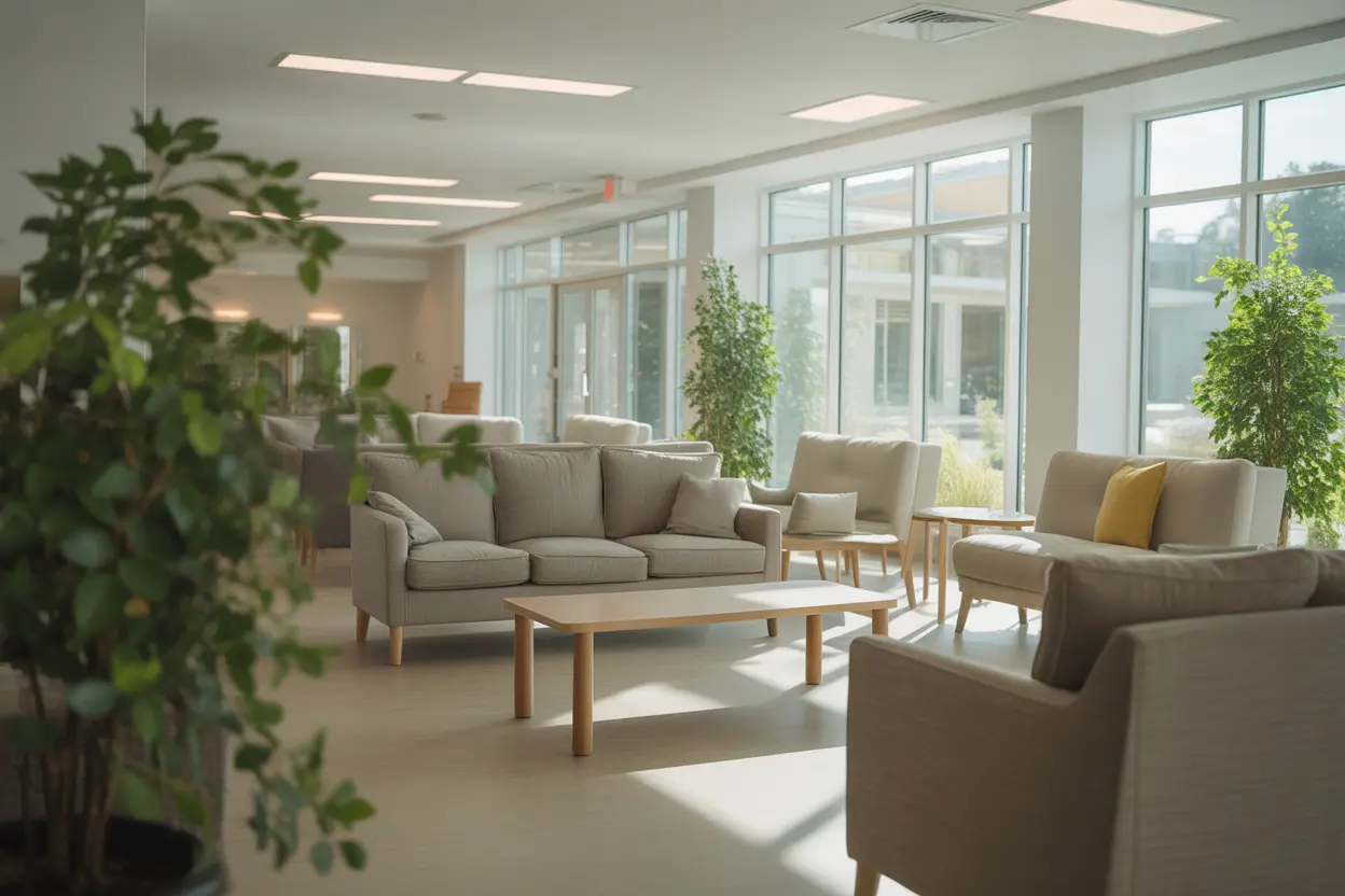 A bright and welcoming common area in a modern rehabilitation center in Indiana, with comfortable seating and natural light.