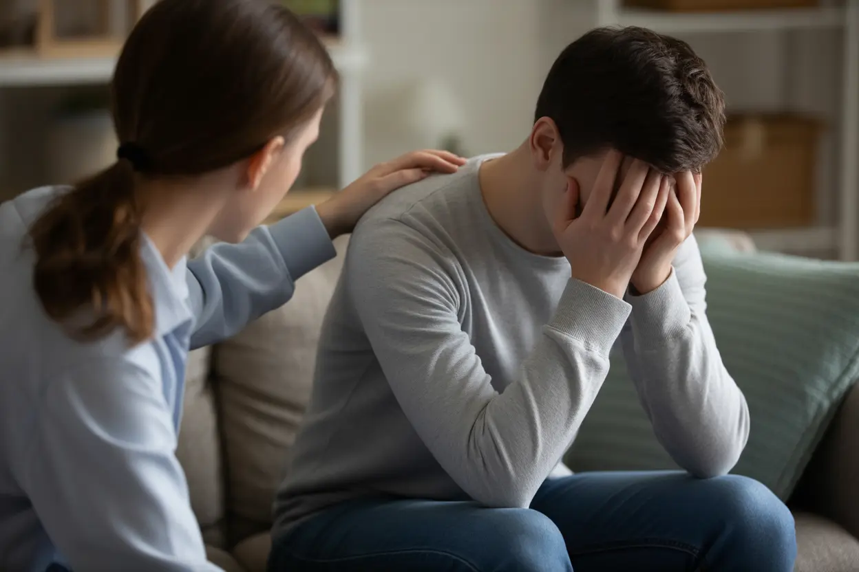 A friend showing support by placing a comforting hand on the shoulder of a withdrawn person on a couch.
