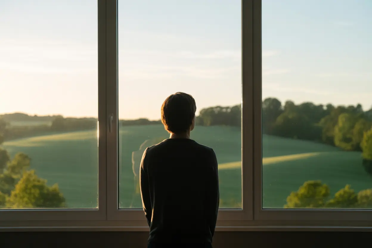 A person looking out a window at a peaceful Indiana landscape, symbolizing hope and a new beginning in recovery.