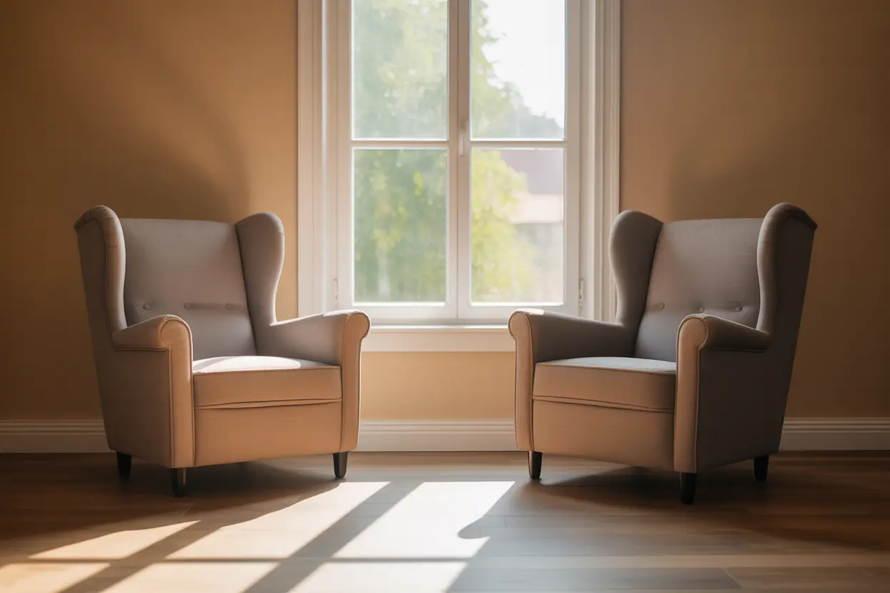 A warm, inviting therapy room with two empty armchairs and sunlight streaming in, creating a safe and professional atmosphere for healing.