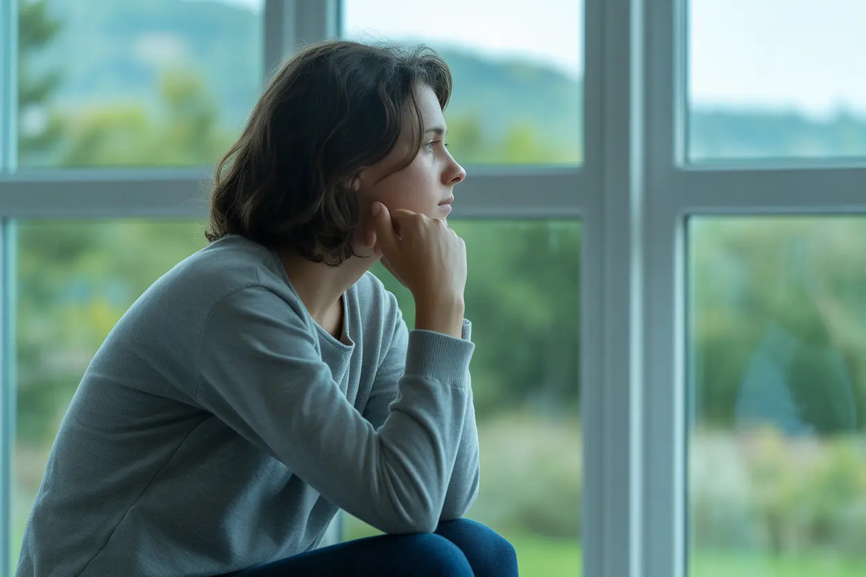 A young person sits reflectively by a window, looking out at a peaceful landscape, suggesting a moment of contemplation and healing.