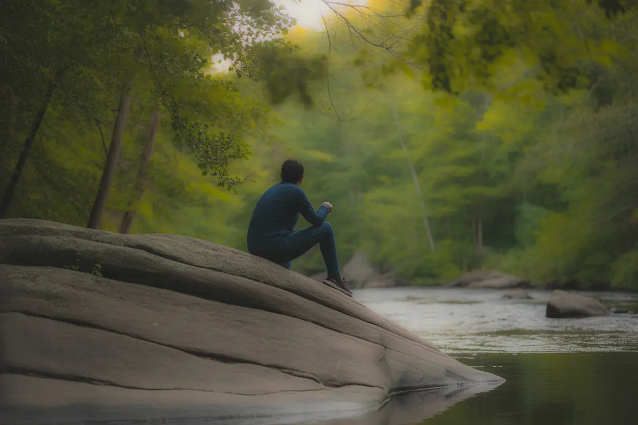A person sits on a rock by a river in Indiana, reflecting during their healing journey.