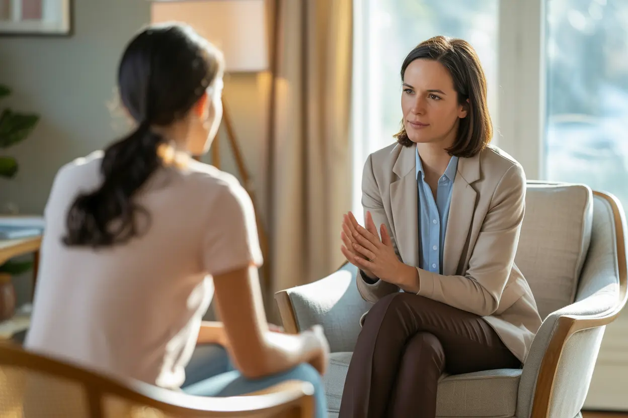 A compassionate therapist provides support to a client in a sunlit, welcoming office.