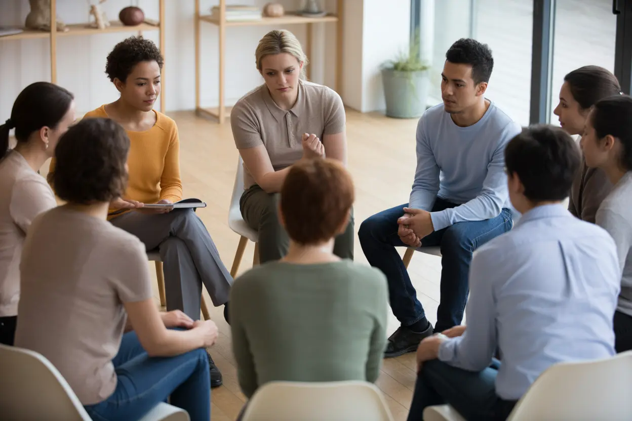 A diverse group of people participates in a group therapy session, fostering a sense of community and hope.