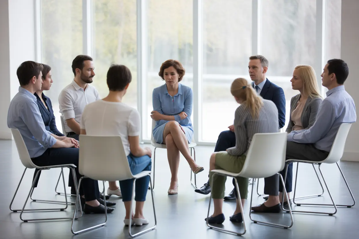 A diverse group in a bright, professional room during a group therapy session, showing a supportive environment for recovery.