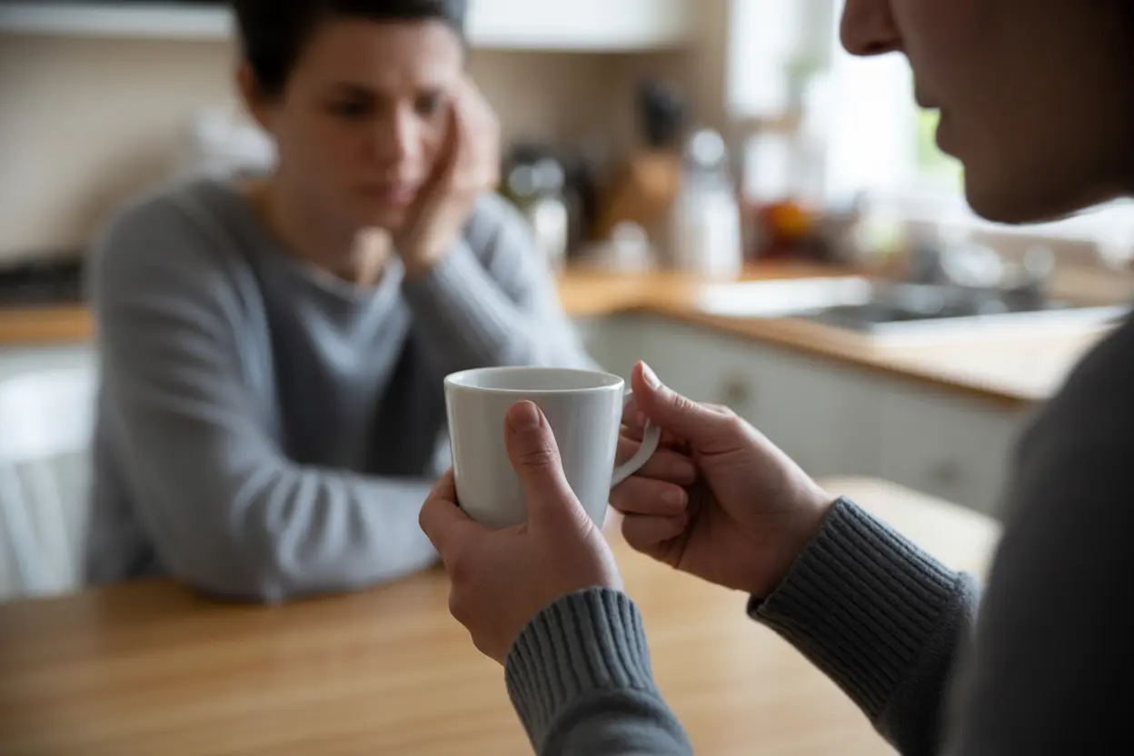A concerned friend offers a cup of tea to a withdrawn person, illustrating the importance of a support system for addiction recovery.