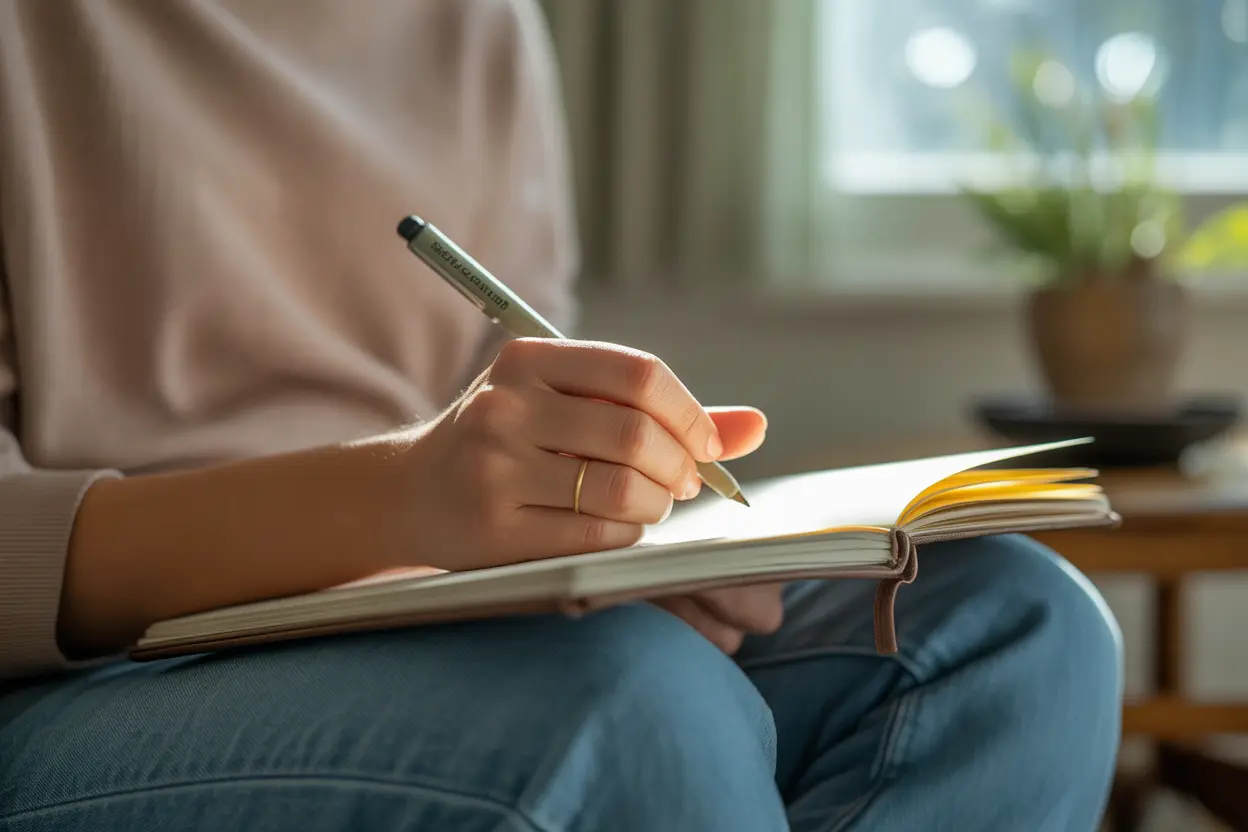 A person journaling in a sunlit room, representing self-awareness and personal growth in Indiana.