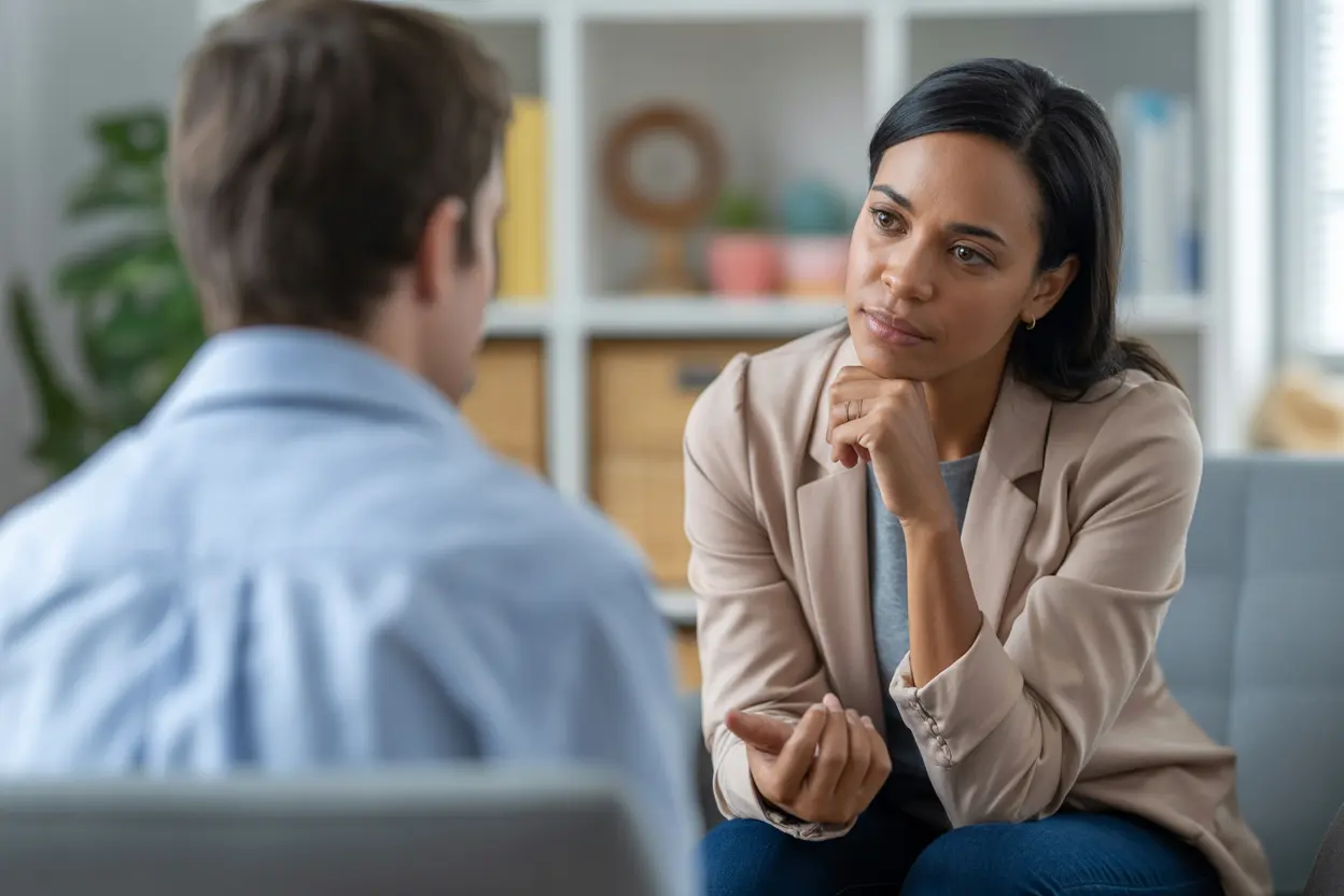 A compassionate therapist actively listening to a client during a counseling session in a comfortable Indiana office.