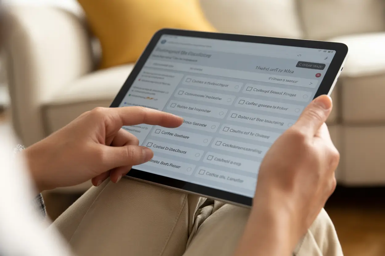A person using a tablet to filter for rehab facilities with a coffee bar.