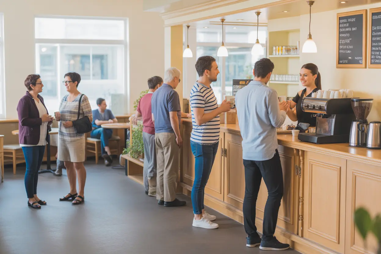 A relaxed and supportive coffee bar inside a rehab center where residents are talking and connecting.