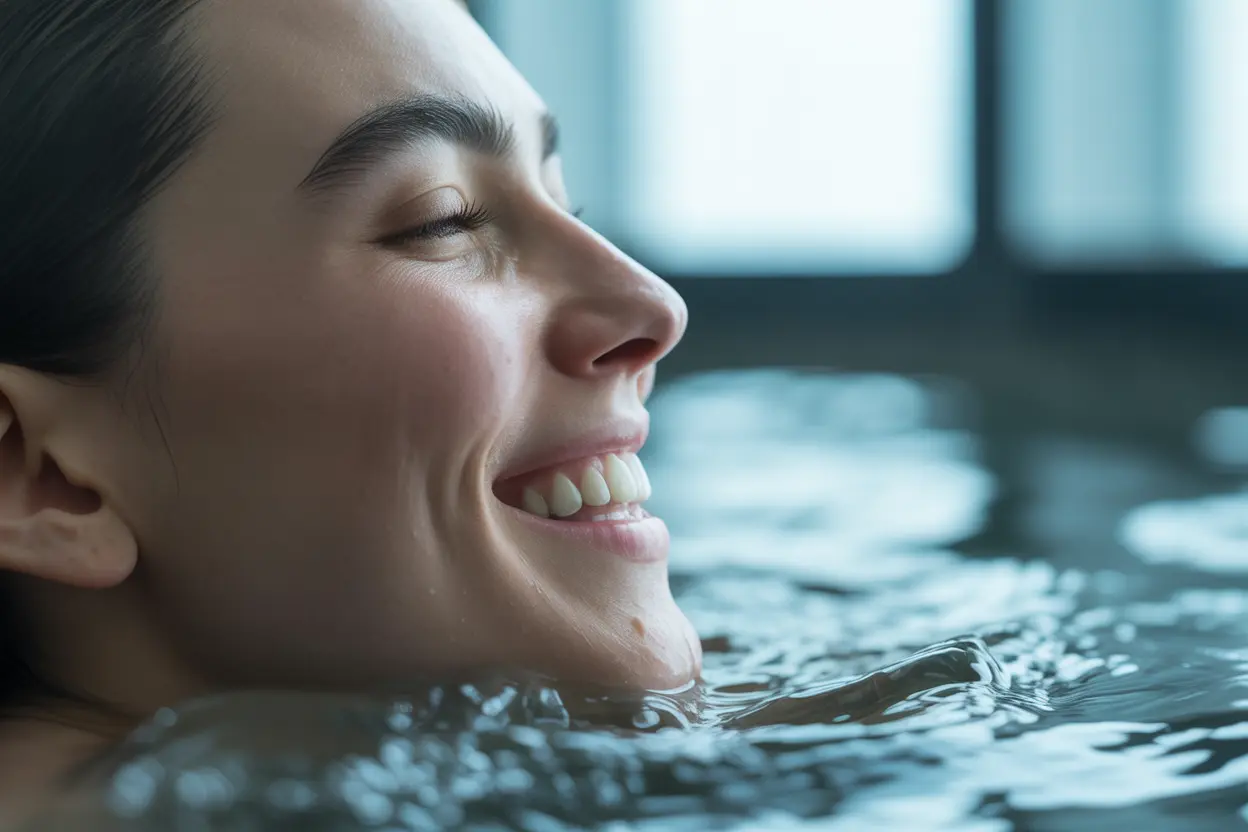 A person smiling with eyes closed as they emerge from a cold plunge, feeling refreshed and calm.