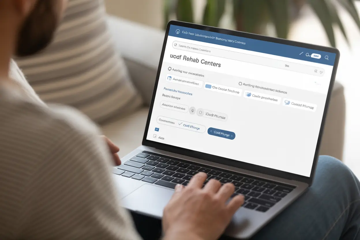 A person using a laptop to search for rehab centers with a cold plunge amenity filter selected.